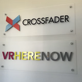 Reception signs for CrossFader and VRHereNow in San Francisco, CA